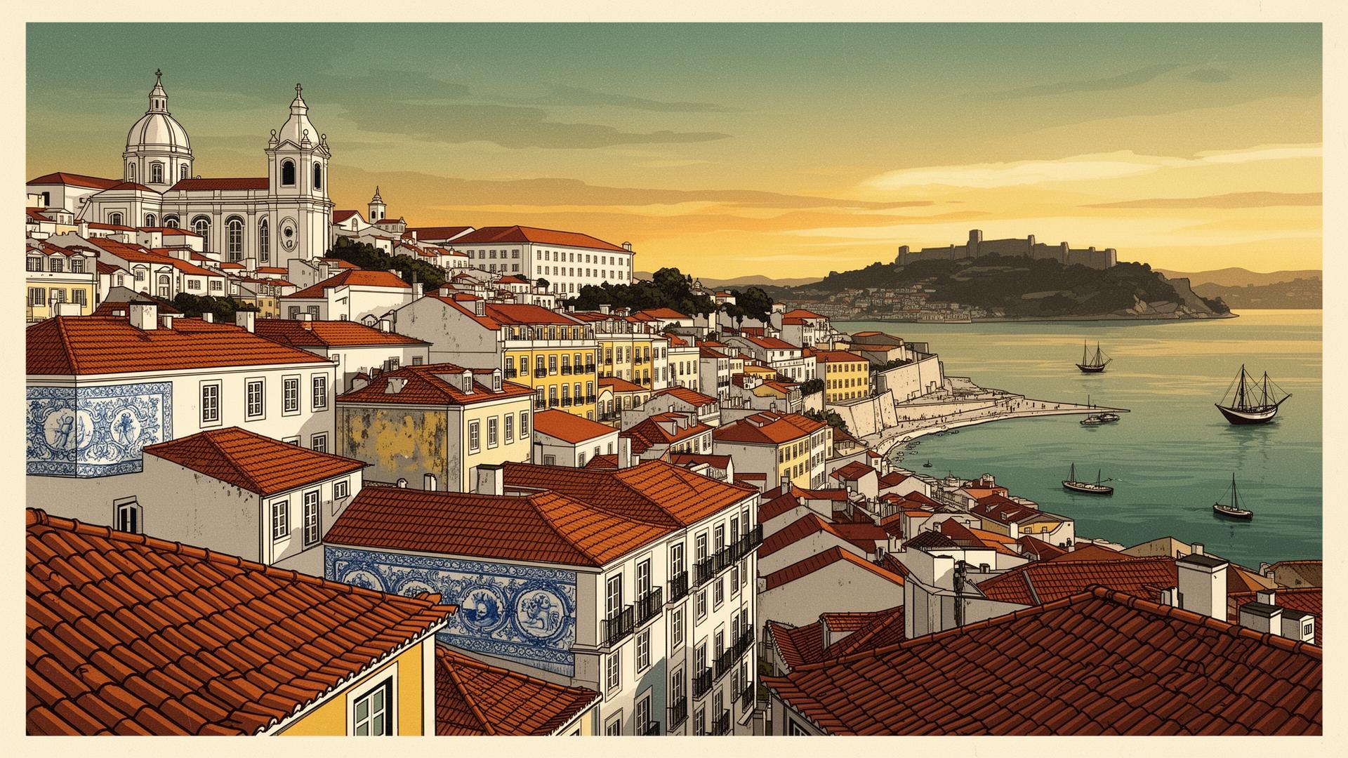 Illustrated Alfama rooftops over the Tagus